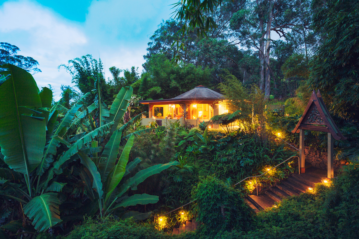 Tropical Home in the Jungle at Sunset